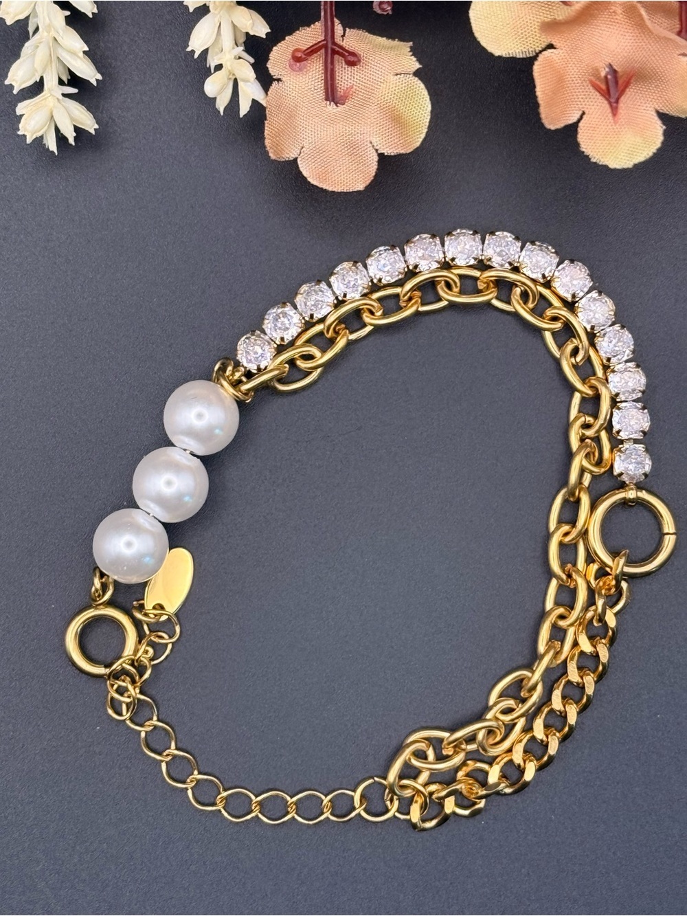 Gold Tone Faux Pearl and Crystal Multi-Chain Bracelet